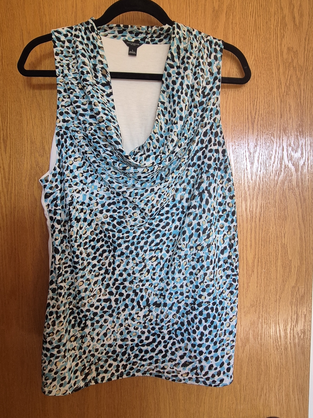 Ann Taylor Aqua and Black Abstract Print Draped Cowl Neck Professional Blouse